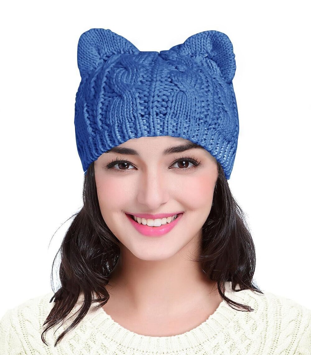 3662 Girls Boys Teens Cute Cat Ear Knit Cable Rib Hat Cap Beanie Cat Ear